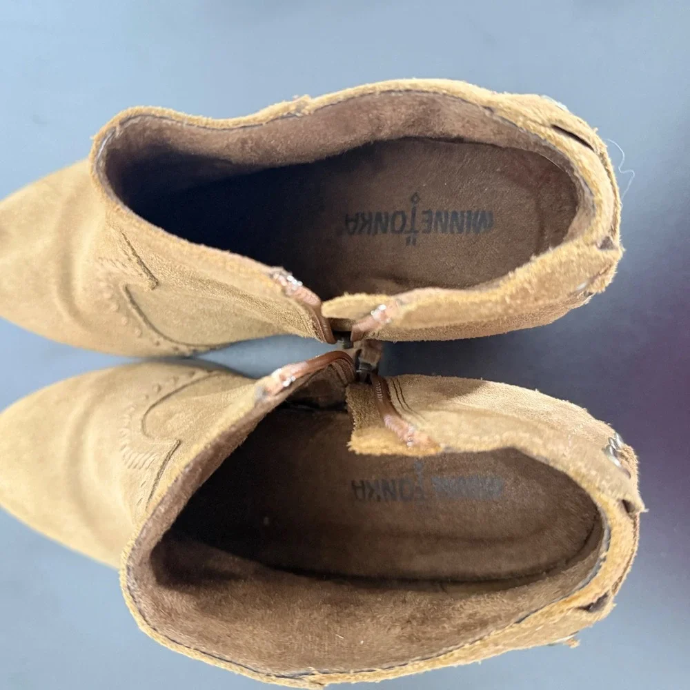 Minnetonka Suede Lace Up Ankle Boots Size 6 Brown‎ Western Stitched Cowgirl BOHO